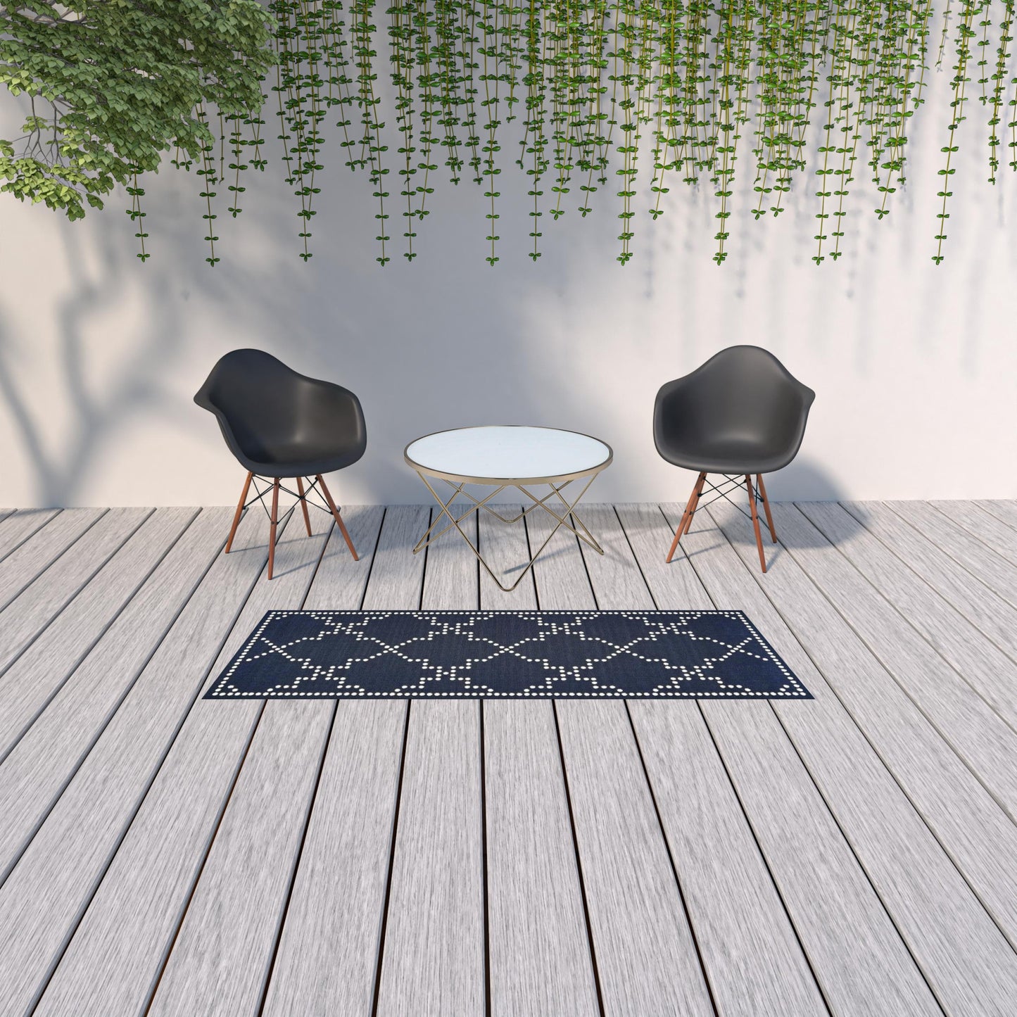 2' X 8' Blue and Ivory Geometric Stain Resistant Indoor Outdoor Area Rug