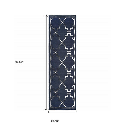 2' X 8' Blue and Ivory Geometric Stain Resistant Indoor Outdoor Area Rug