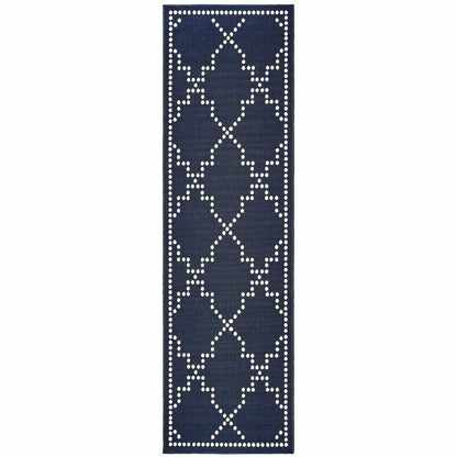 2' X 8' Blue and Ivory Geometric Stain Resistant Indoor Outdoor Area Rug