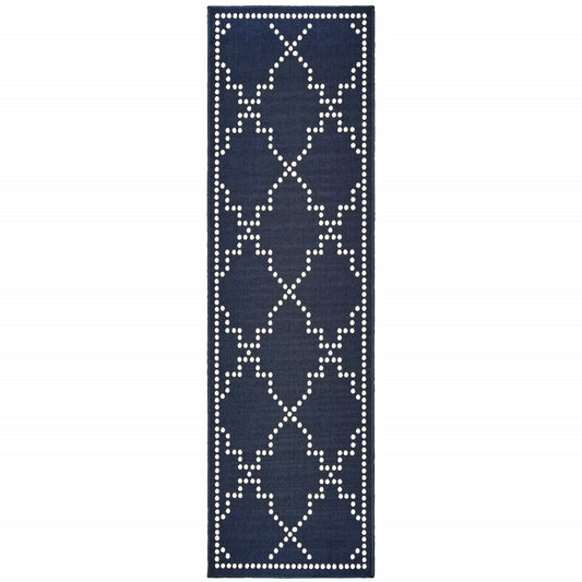 2' X 8' Blue and Ivory Geometric Stain Resistant Indoor Outdoor Area Rug