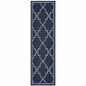 2' X 8' Blue and Ivory Geometric Stain Resistant Indoor Outdoor Area Rug