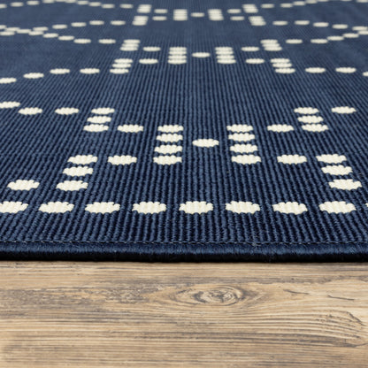 2' X 8' Blue and Ivory Geometric Stain Resistant Indoor Outdoor Area Rug