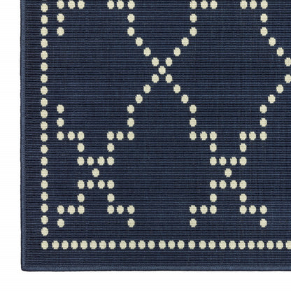 2' X 8' Blue and Ivory Geometric Stain Resistant Indoor Outdoor Area Rug