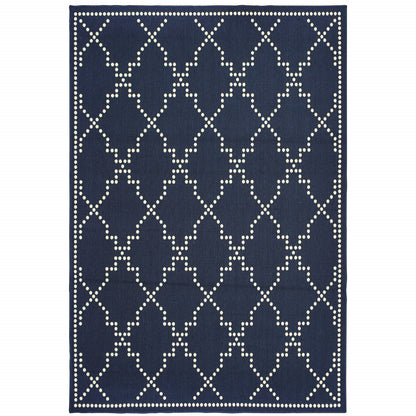 2' X 4' Blue and Ivory Geometric Stain Resistant Indoor Outdoor Area Rug