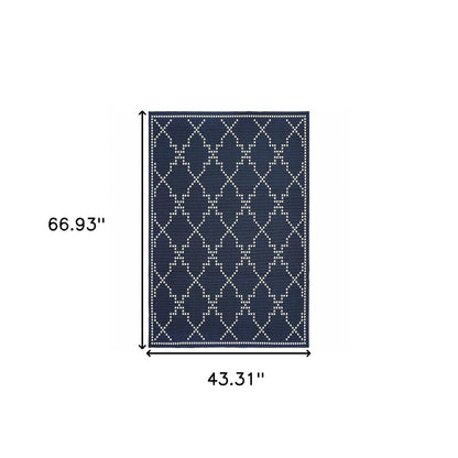 4' X 6' Blue and Ivory Geometric Stain Resistant Indoor Outdoor Area Rug