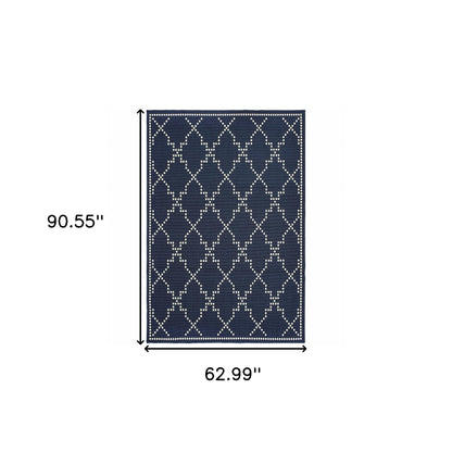 5' X 8' Blue and Ivory Geometric Stain Resistant Indoor Outdoor Area Rug