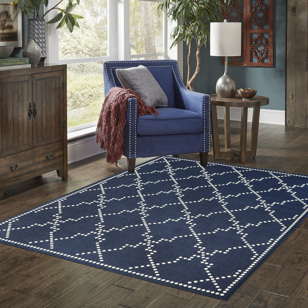 5' X 8' Blue and Ivory Geometric Stain Resistant Indoor Outdoor Area Rug