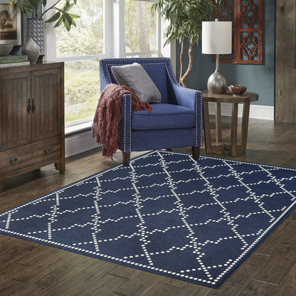 5' X 8' Blue and Ivory Geometric Stain Resistant Indoor Outdoor Area Rug