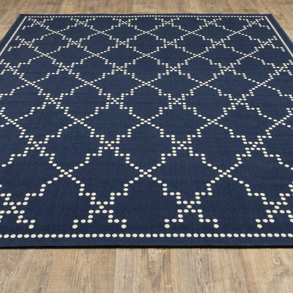 5' X 8' Blue and Ivory Geometric Stain Resistant Indoor Outdoor Area Rug