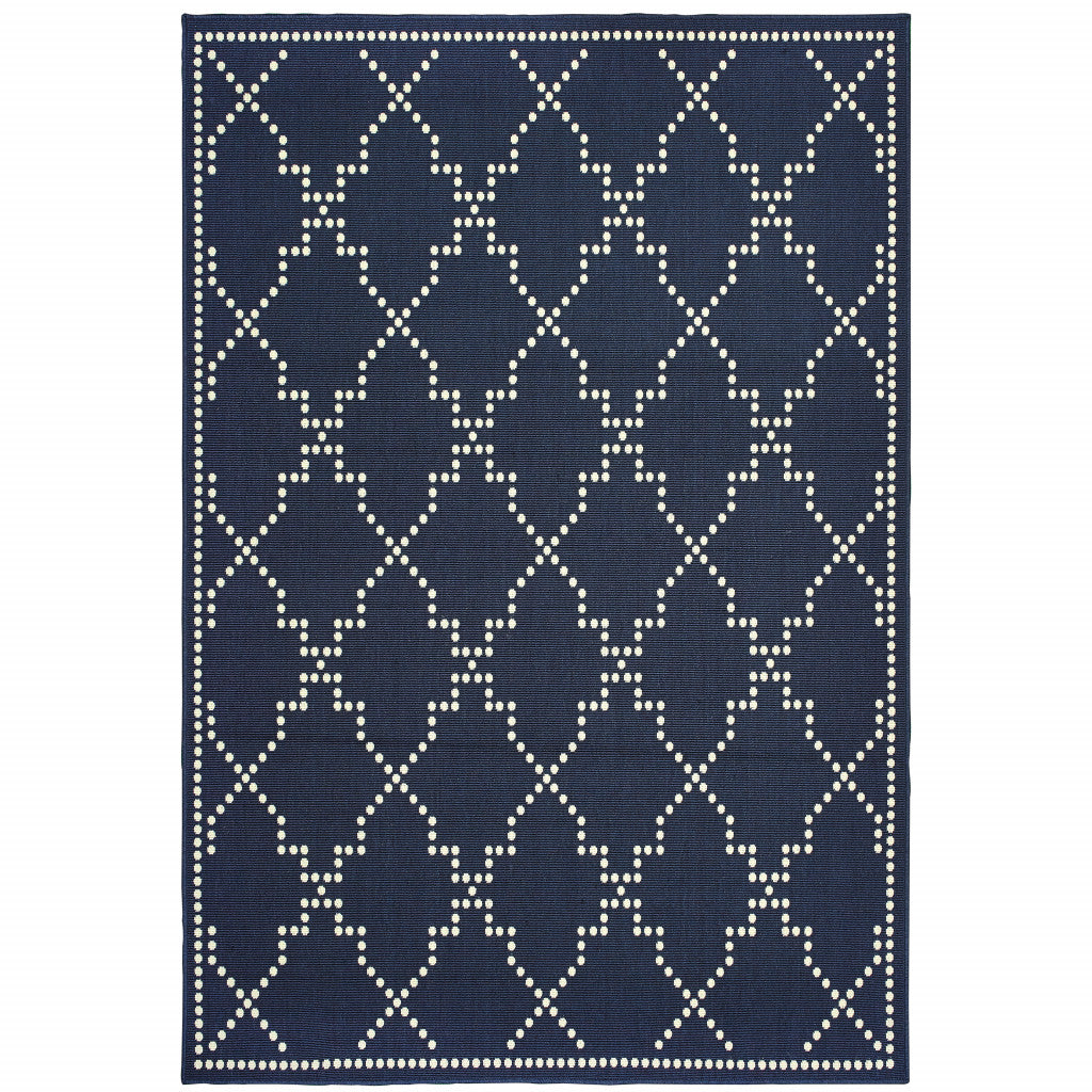 8' X 11' Blue and Ivory Geometric Stain Resistant Indoor Outdoor Area Rug