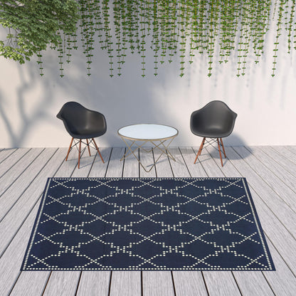 8' X 11' Blue and Ivory Geometric Stain Resistant Indoor Outdoor Area Rug