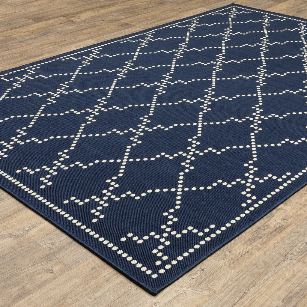 8' X 11' Blue and Ivory Geometric Stain Resistant Indoor Outdoor Area Rug