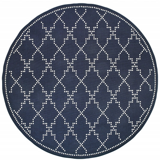 8' X 8' Blue and Ivory Round Geometric Stain Resistant Indoor Outdoor Area Rug