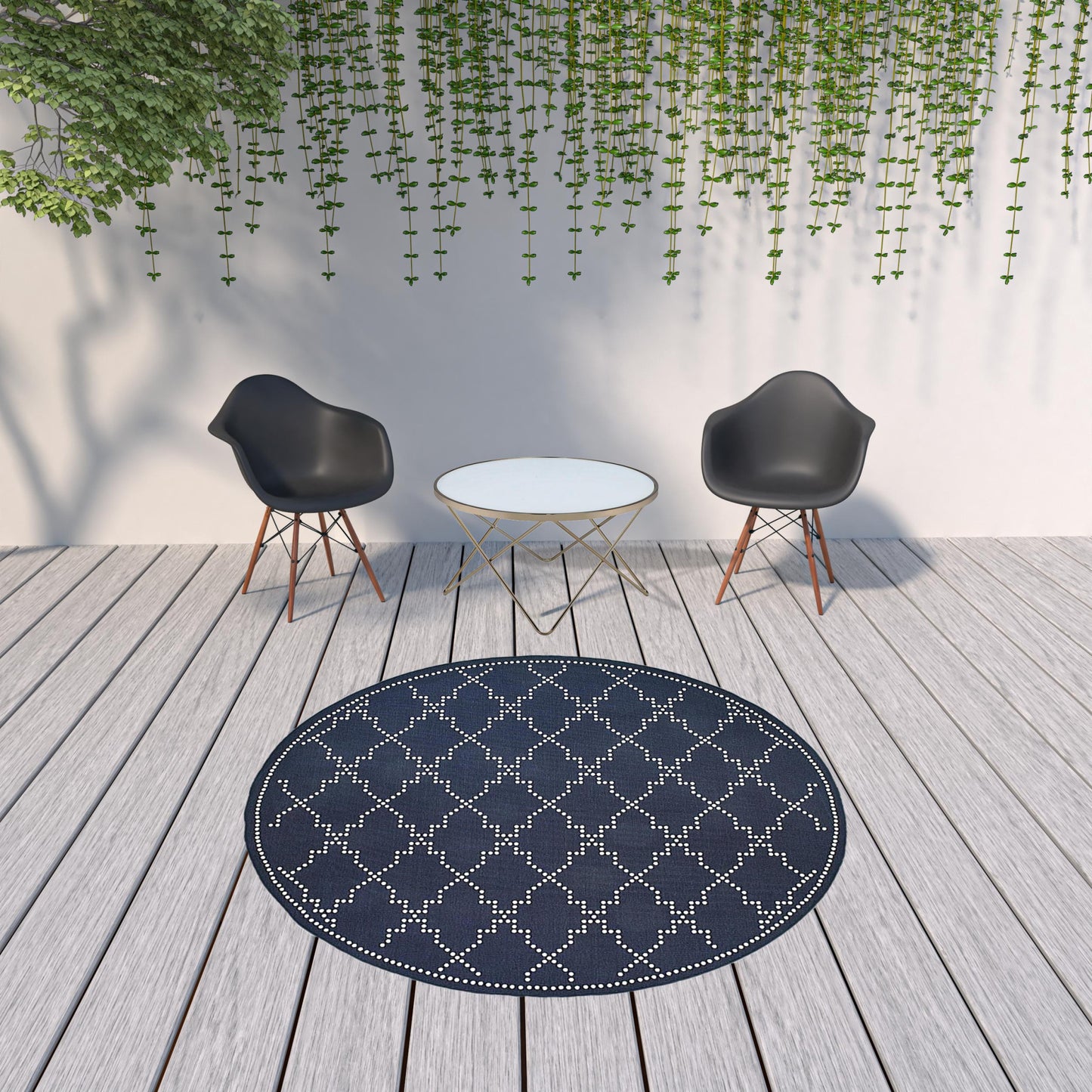 8' X 8' Blue and Ivory Round Geometric Stain Resistant Indoor Outdoor Area Rug