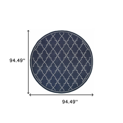 8' X 8' Blue and Ivory Round Geometric Stain Resistant Indoor Outdoor Area Rug