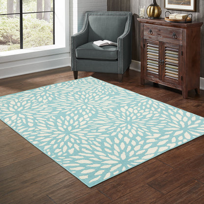 2' X 3' Blue and Ivory Floral Stain Resistant Indoor Outdoor Area Rug