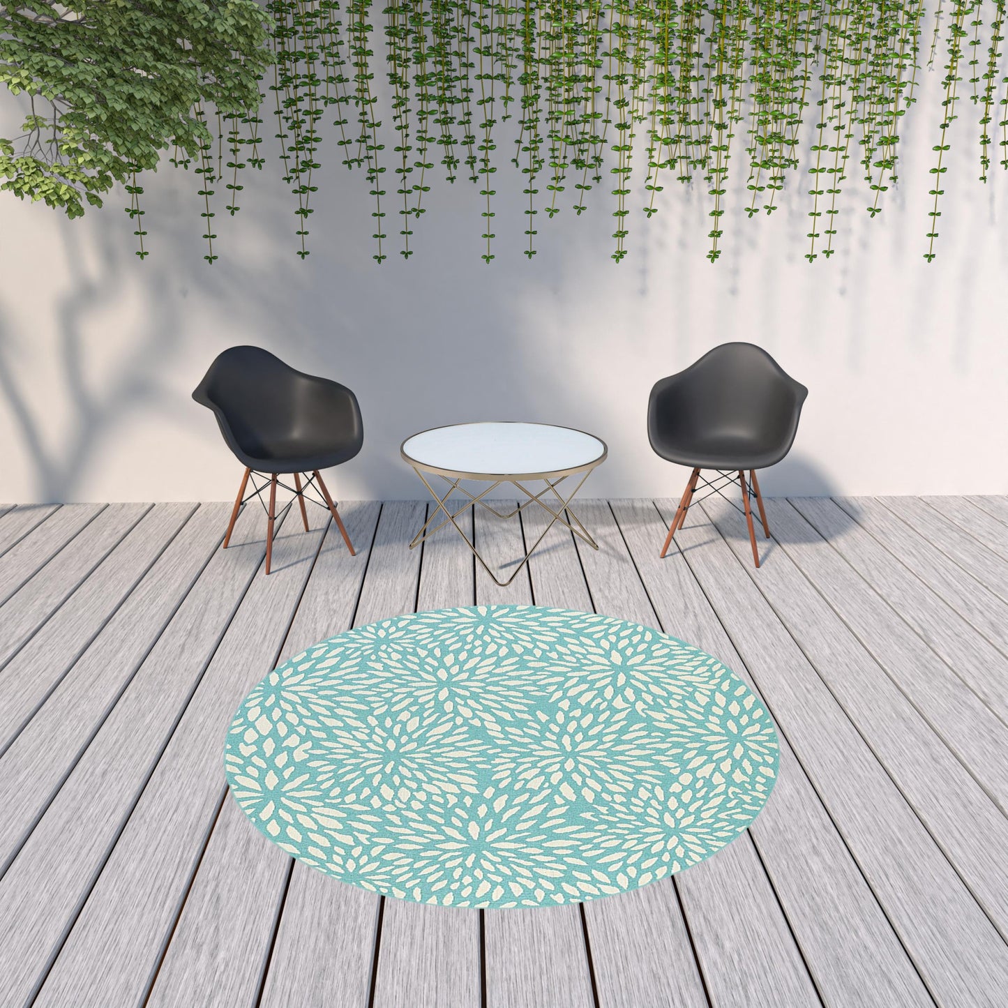 8' X 8' Blue and Ivory Round Floral Stain Resistant Indoor Outdoor Area Rug