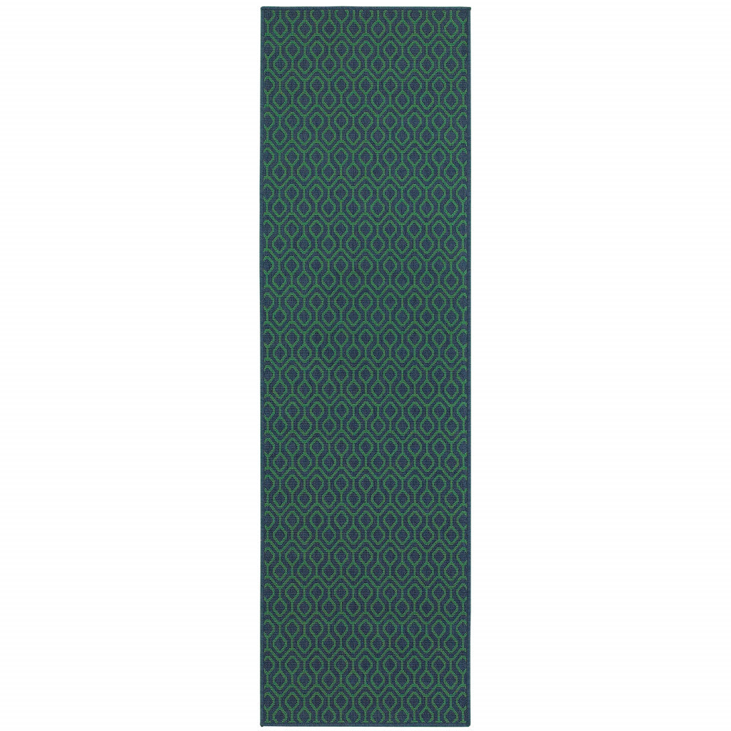 2' X 8' Blue and Green Geometric Stain Resistant Indoor Outdoor Area Rug