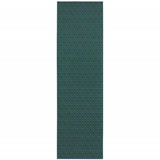 2' X 8' Blue and Green Geometric Stain Resistant Indoor Outdoor Area Rug