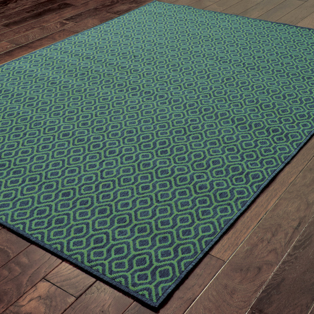 8' X 11' Blue and Green Geometric Stain Resistant Indoor Outdoor Area Rug