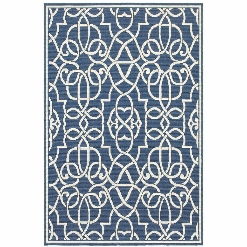 2' X 3' Blue and Ivory Geometric Stain Resistant Indoor Outdoor Area Rug