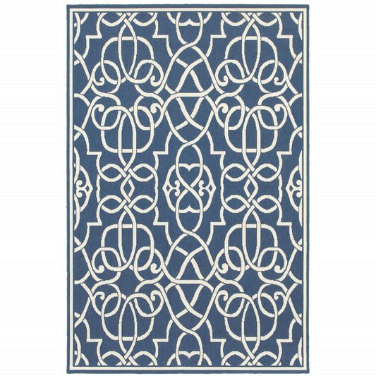 2' X 3' Blue and Ivory Geometric Stain Resistant Indoor Outdoor Area Rug