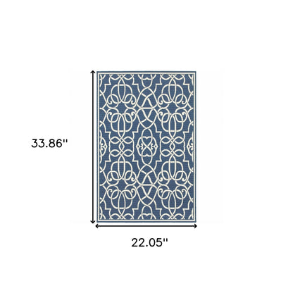 2' X 3' Blue and Ivory Geometric Stain Resistant Indoor Outdoor Area Rug