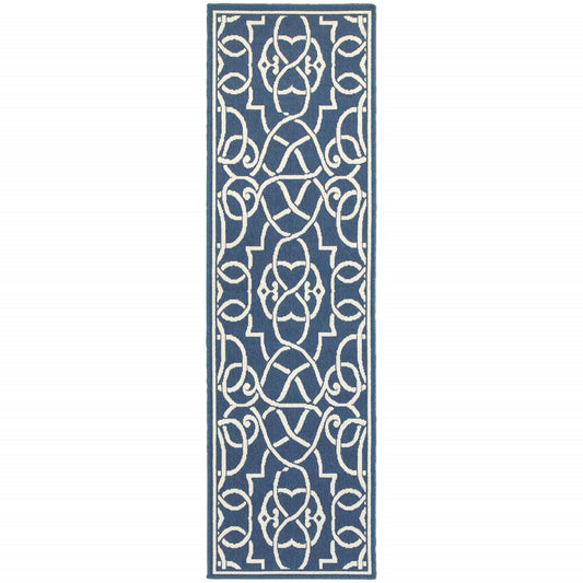 2' X 8' Blue and Ivory Geometric Stain Resistant Indoor Outdoor Area Rug