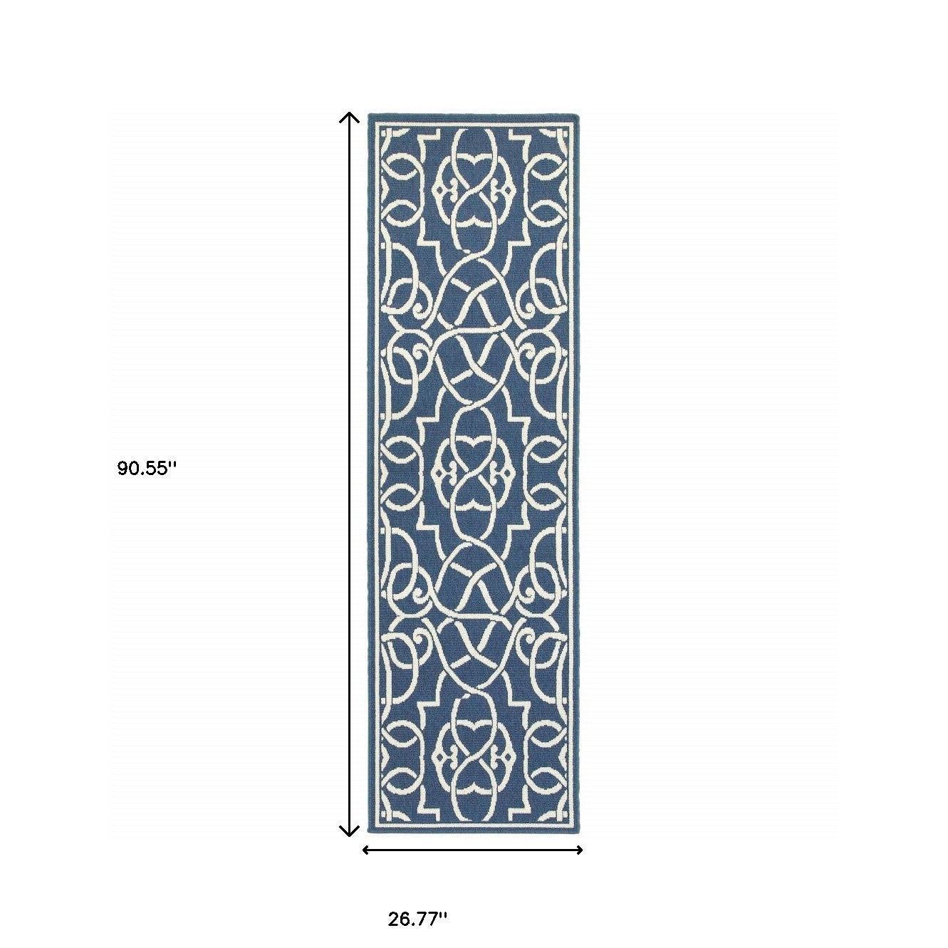 2' X 8' Blue and Ivory Geometric Stain Resistant Indoor Outdoor Area Rug