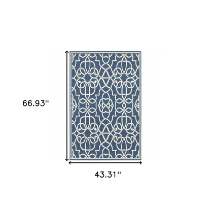 4' X 6' Blue and Ivory Geometric Stain Resistant Indoor Outdoor Area Rug