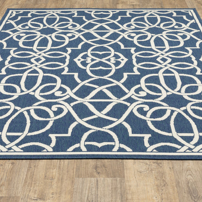 4' X 6' Blue and Ivory Geometric Stain Resistant Indoor Outdoor Area Rug