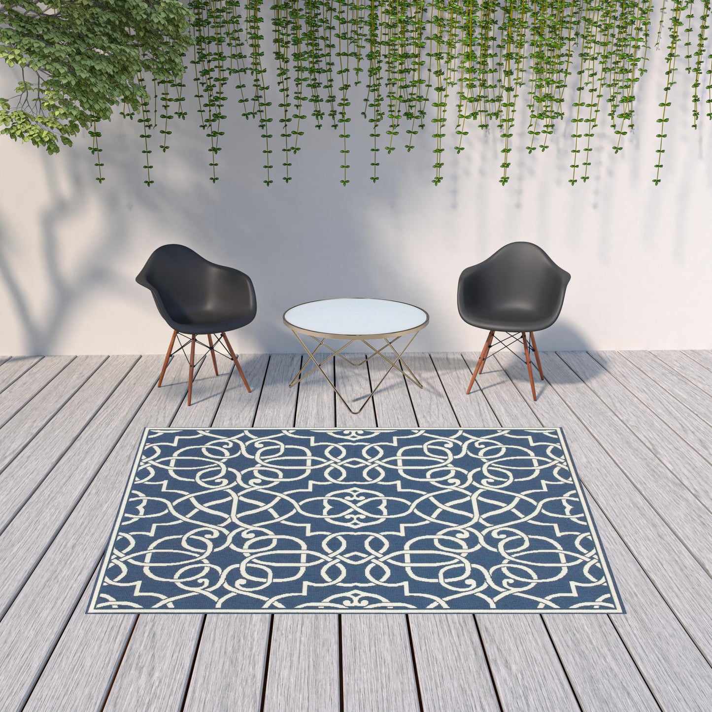 7' X 10' Blue and Ivory Geometric Stain Resistant Indoor Outdoor Area Rug