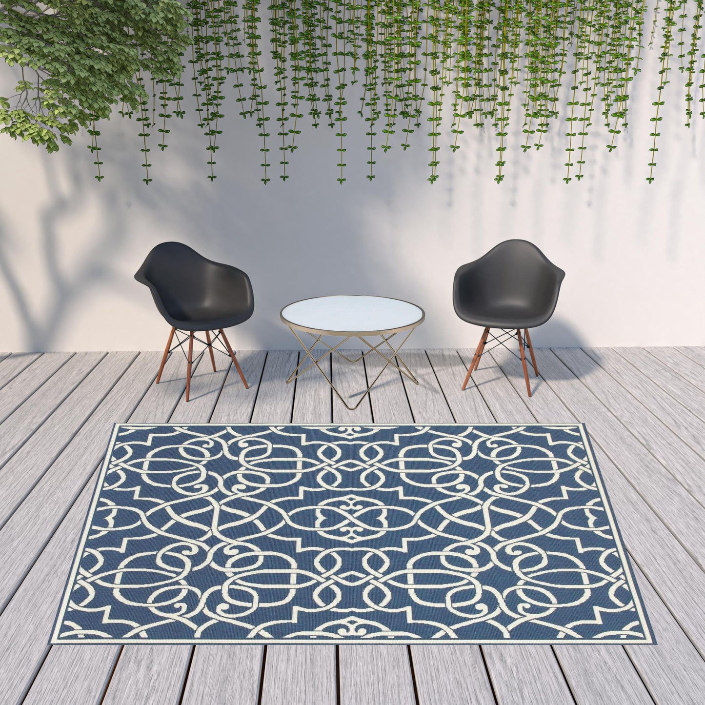 8' X 11' Blue and Ivory Geometric Stain Resistant Indoor Outdoor Area Rug