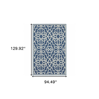 8' X 11' Blue and Ivory Geometric Stain Resistant Indoor Outdoor Area Rug