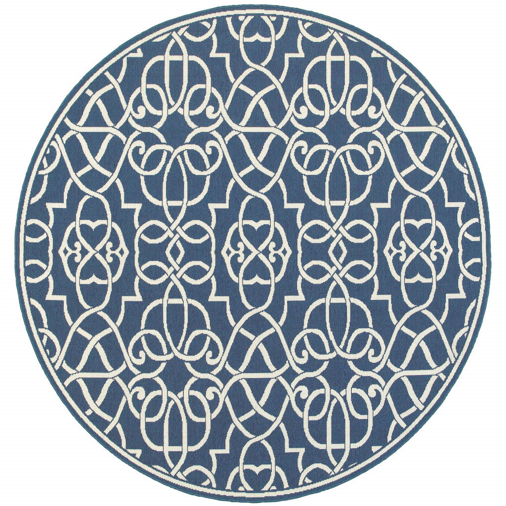 8' X 8' Blue and Ivory Round Geometric Stain Resistant Indoor Outdoor Area Rug