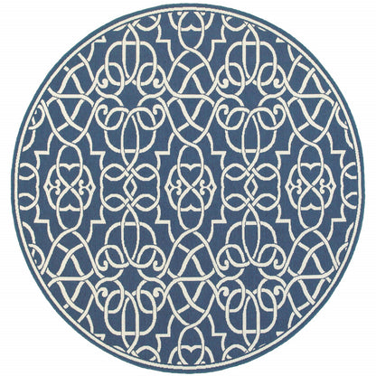 8' X 8' Blue and Ivory Round Geometric Stain Resistant Indoor Outdoor Area Rug