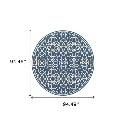 8' X 8' Blue and Ivory Round Geometric Stain Resistant Indoor Outdoor Area Rug