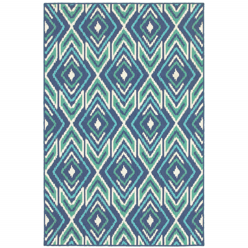 2' X 3' Blue and Ivory Geometric Stain Resistant Indoor Outdoor Area Rug