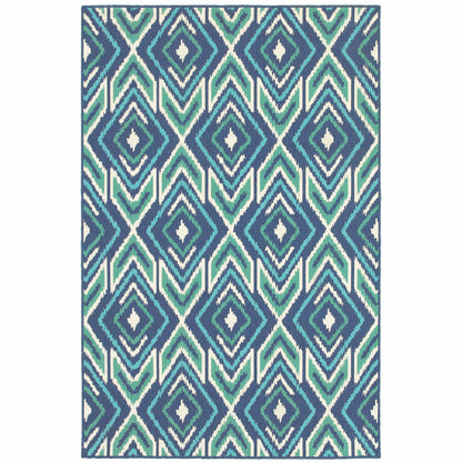 2' X 3' Blue and Ivory Geometric Stain Resistant Indoor Outdoor Area Rug