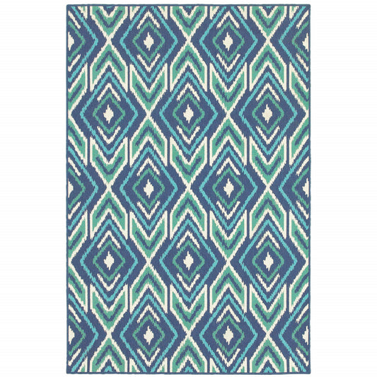 2' X 3' Blue and Ivory Geometric Stain Resistant Indoor Outdoor Area Rug