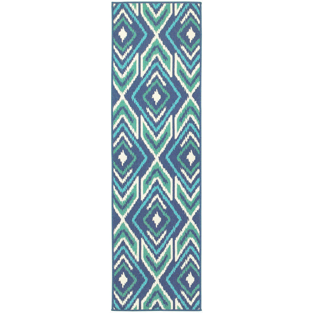 2' X 8' Blue and Ivory Geometric Stain Resistant Indoor Outdoor Area Rug