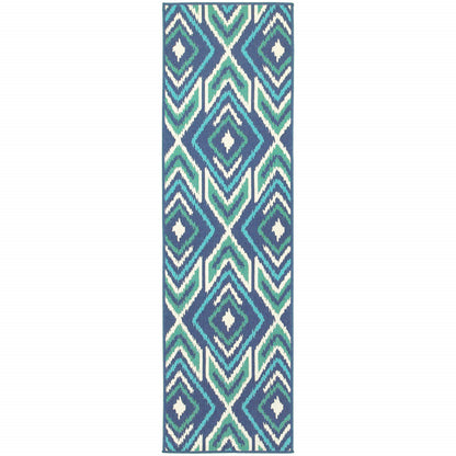 2' X 8' Blue and Ivory Geometric Stain Resistant Indoor Outdoor Area Rug