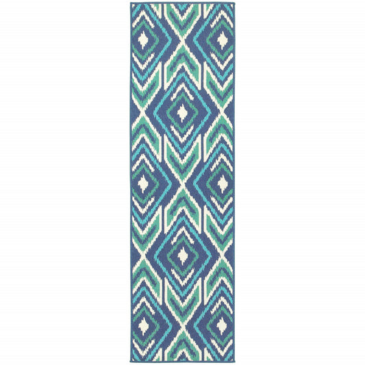 2' X 8' Blue and Ivory Geometric Stain Resistant Indoor Outdoor Area Rug