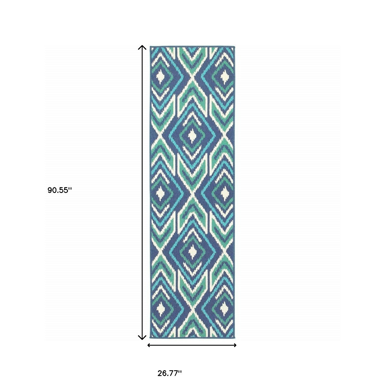 2' X 8' Blue and Ivory Geometric Stain Resistant Indoor Outdoor Area Rug