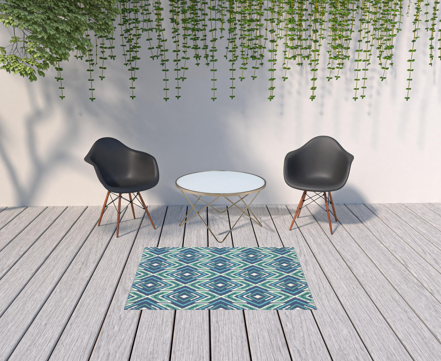 4' X 6' Blue and Ivory Geometric Stain Resistant Indoor Outdoor Area Rug