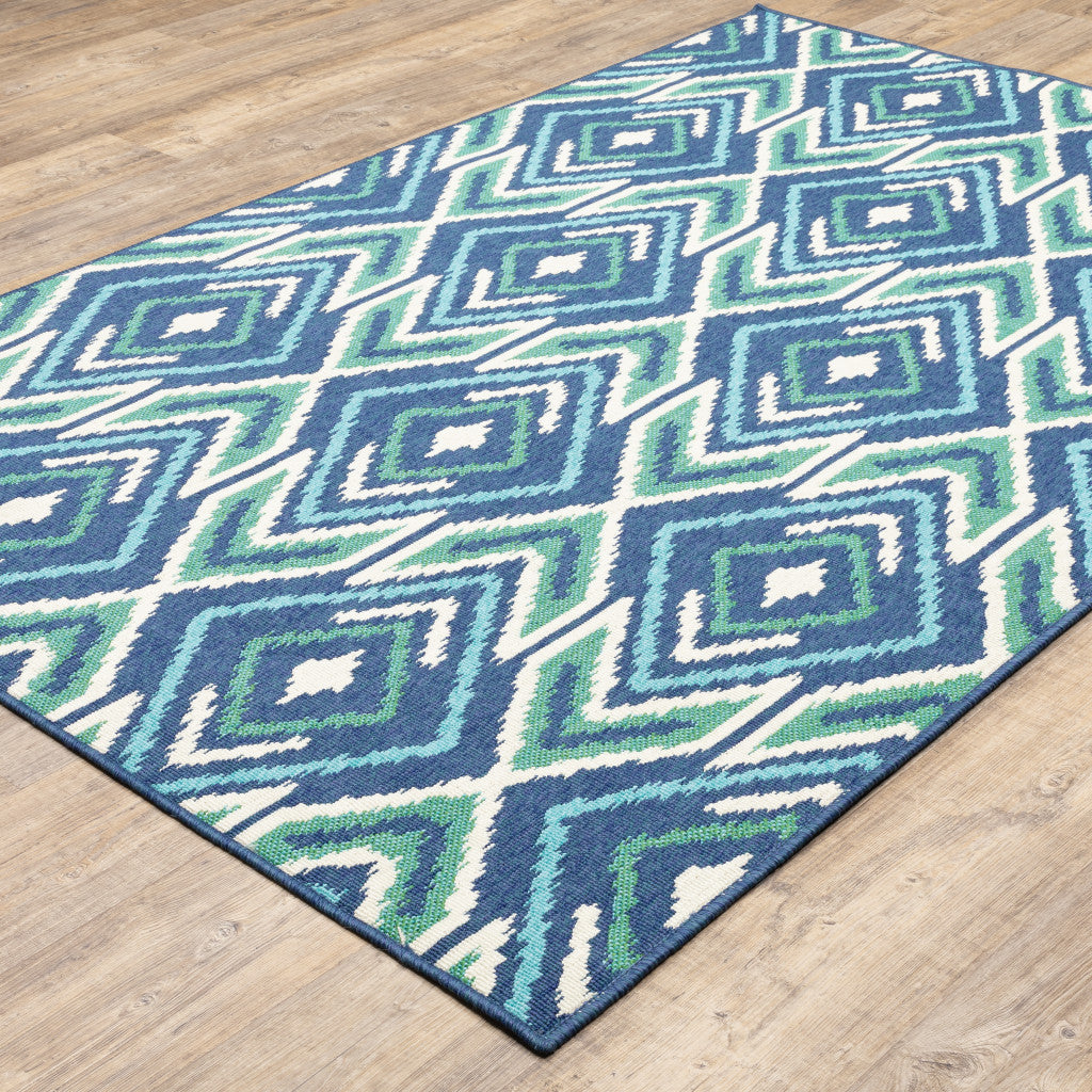 4' X 6' Blue and Ivory Geometric Stain Resistant Indoor Outdoor Area Rug