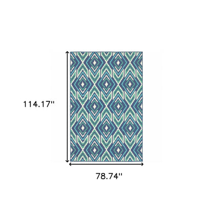 7' X 10' Blue and Ivory Geometric Stain Resistant Indoor Outdoor Area Rug