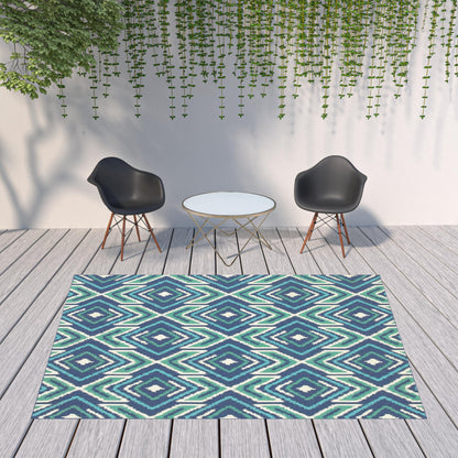 8' X 11' Blue and Ivory Geometric Stain Resistant Indoor Outdoor Area Rug