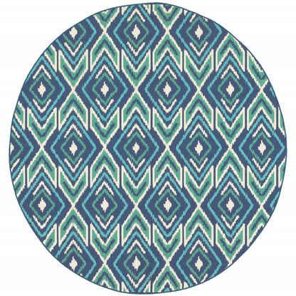 8' X 8' Blue and Ivory Round Geometric Stain Resistant Indoor Outdoor Area Rug