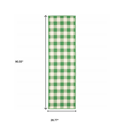 2' X 8' Green and Ivory Geometric Stain Resistant Indoor Outdoor Area Rug